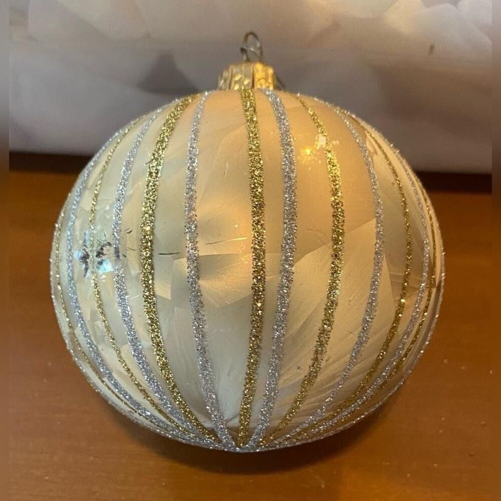 Vintage Gold Glass Christmas Bauble Ornament Striped Glitter Tree Decor